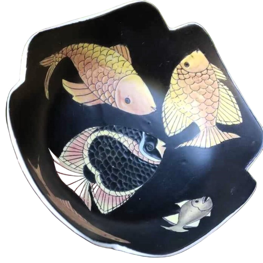Vintage Porcelain Chinese Black Bowl with Raised Tropical Fish Designs